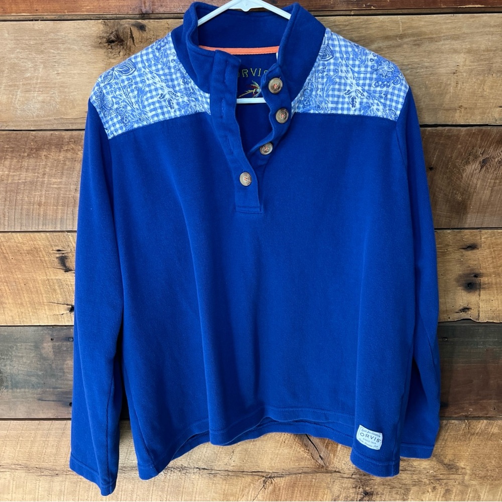 Women’s Orvis Royal Blue Button-Neck Pullover w/Patterned Yoke size XL